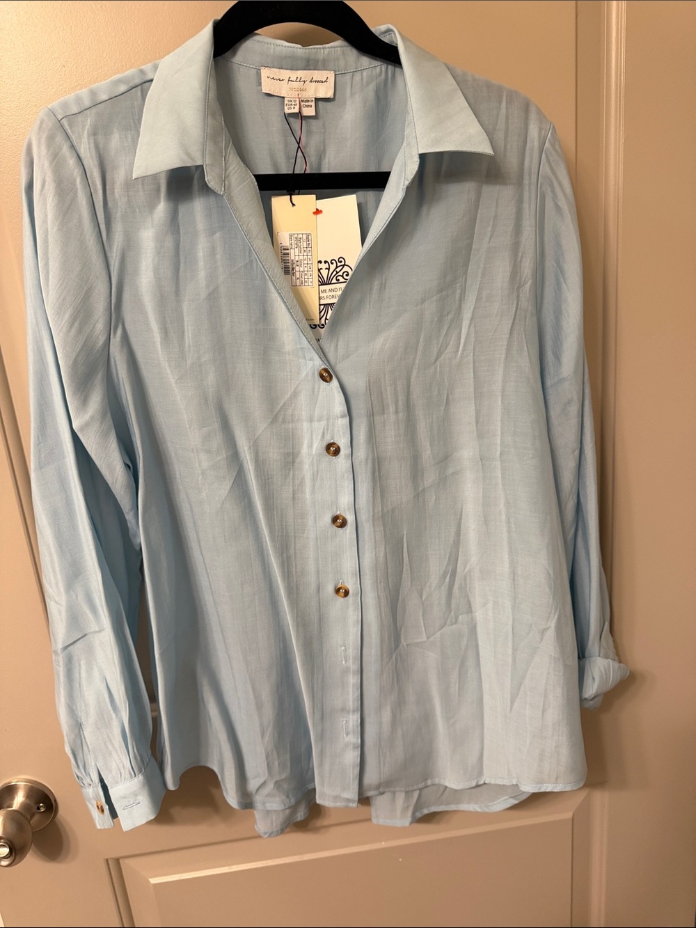 Never Fully Dressed Light Blue Men’s Button-Down Shirt with Gold Buttons